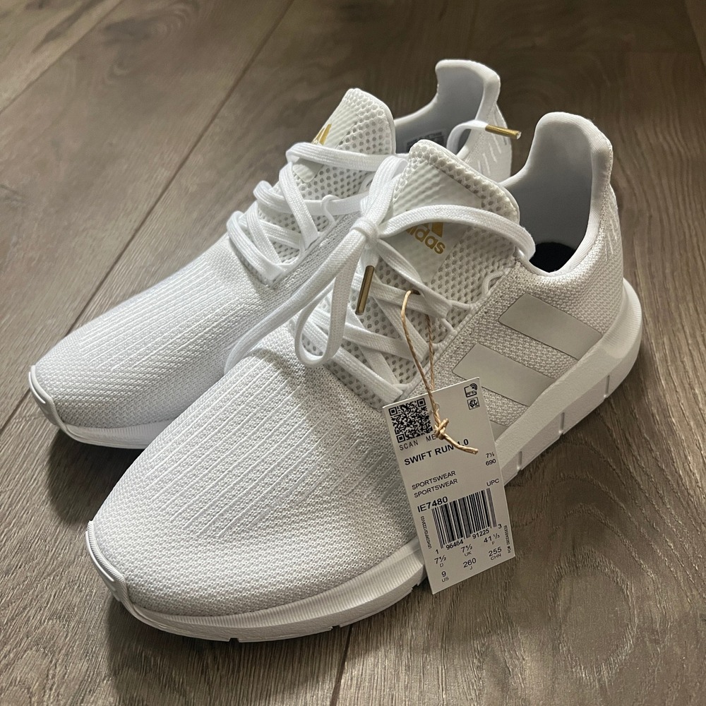 Adidas Swift Run 1.0 Women White Gold Metallic Sneakers IE7480 Size 9 NEW